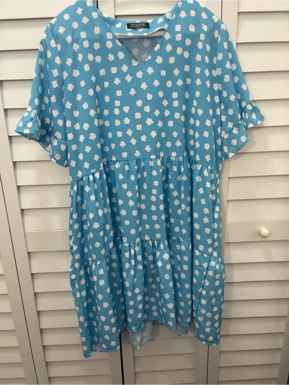 NCLOOK women’s Blue & White Clouds Bell Sleeved Tiered Dress Size XL